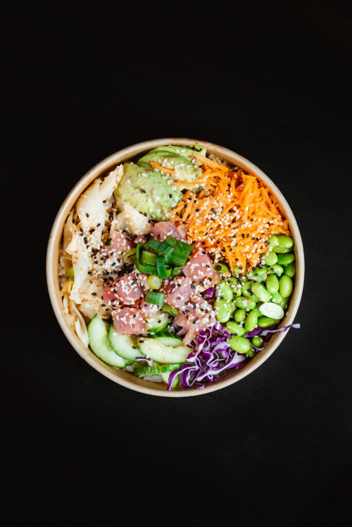 Poké Bowl from a top view.