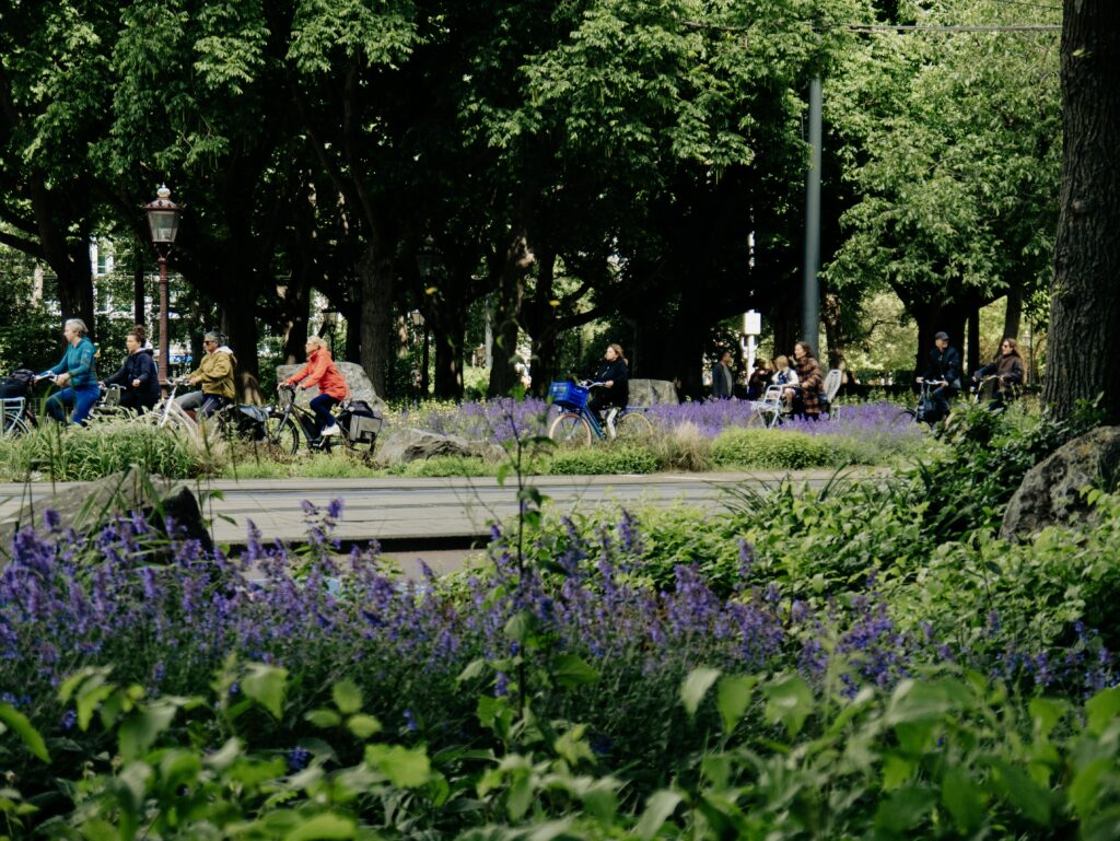people biking through an Amsterdam park.