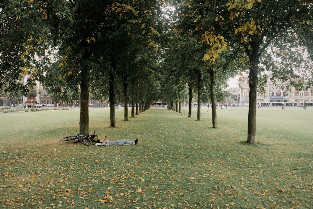 Person lying on the ground in an Amsterdam park.